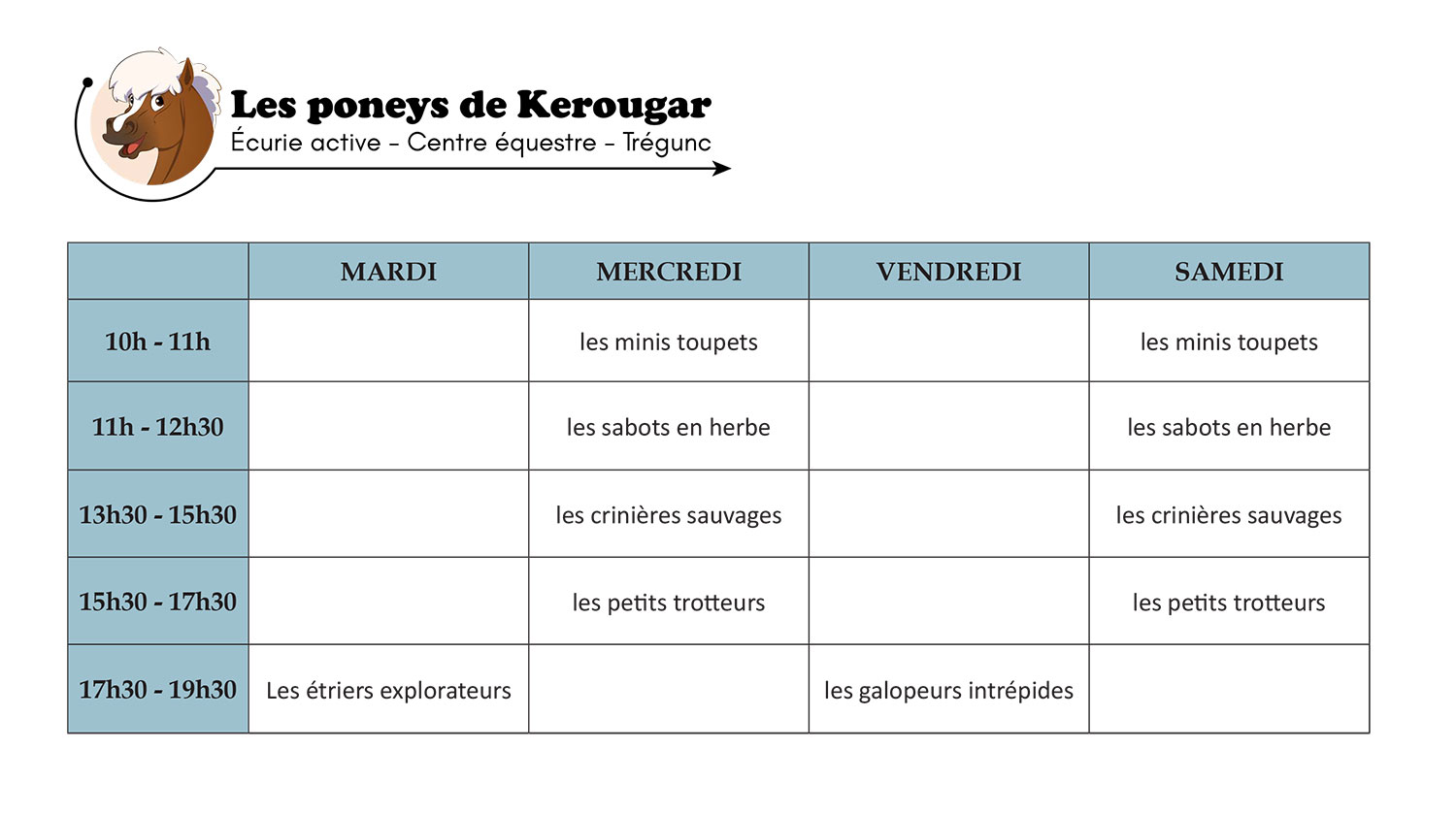 Planning et tarifs les poneys de Kerougar